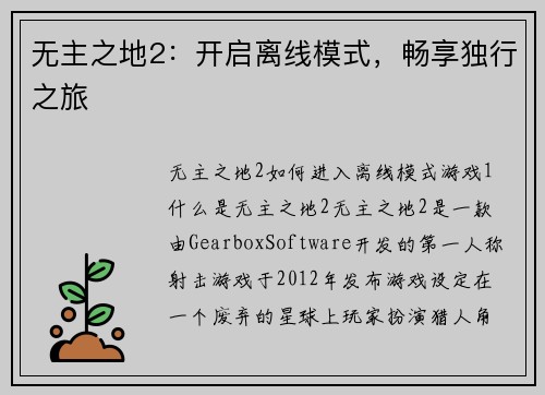无主之地2：开启离线模式，畅享独行之旅